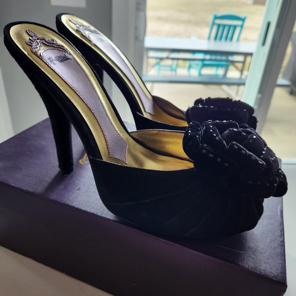 Hale Bob Vintage Pinup Girl Black Suede Peeptoe Slide Heels